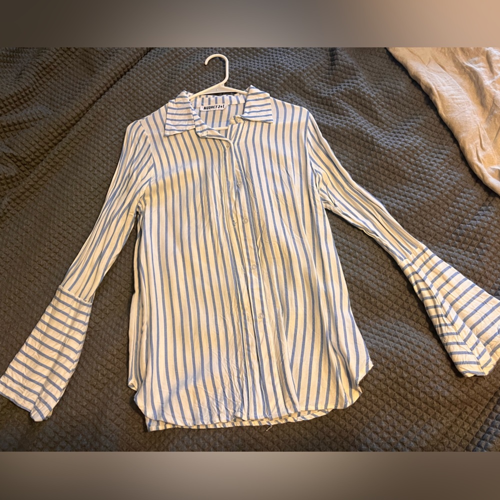 Striped Bell Sleeve Buttondown Blouse